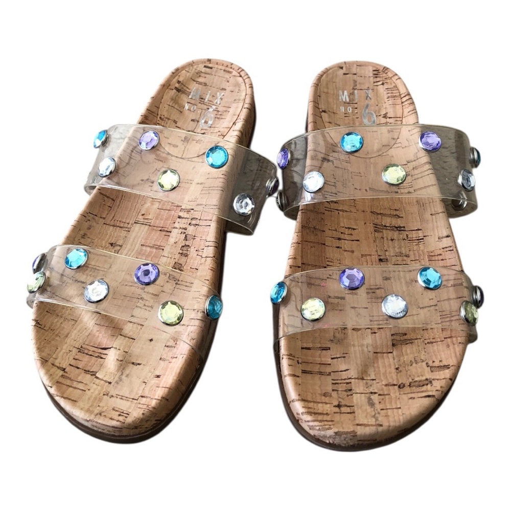 Mix No. 6 Clear Double-Strap Cork Slides with Multicolored Gems